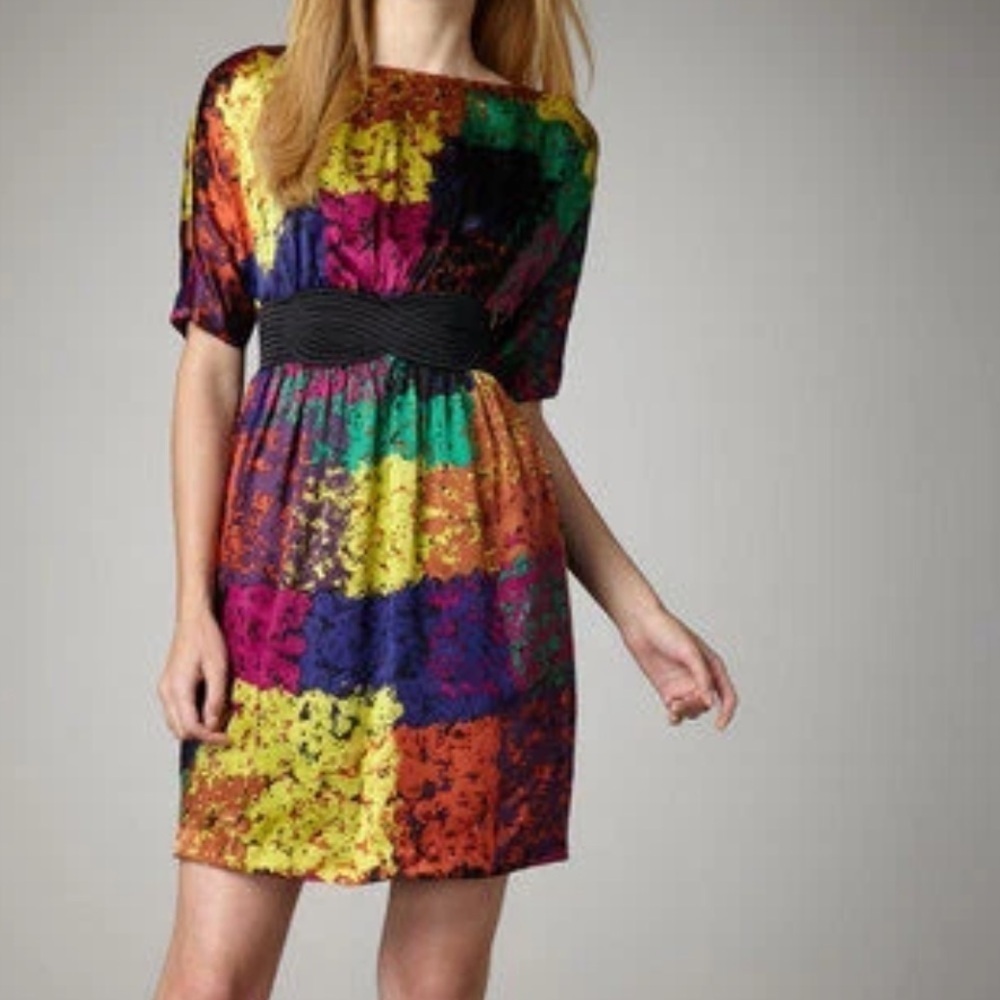 Trina Turk Silk Fosse Belted Abstract Rainbow Dress 2